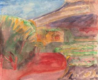 Norman Adams, R.A. - Spanish landscape; Buttercupfield, Wensleydale; Olives, Weedfield, Provence; Autumn Trees, Misty Light; The Great Bird; and Sunflowers, Ripe and Drooping, Spain