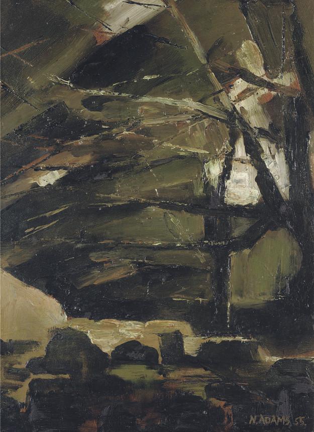 Norman Adams, R.A. - Trees over rocky river bed