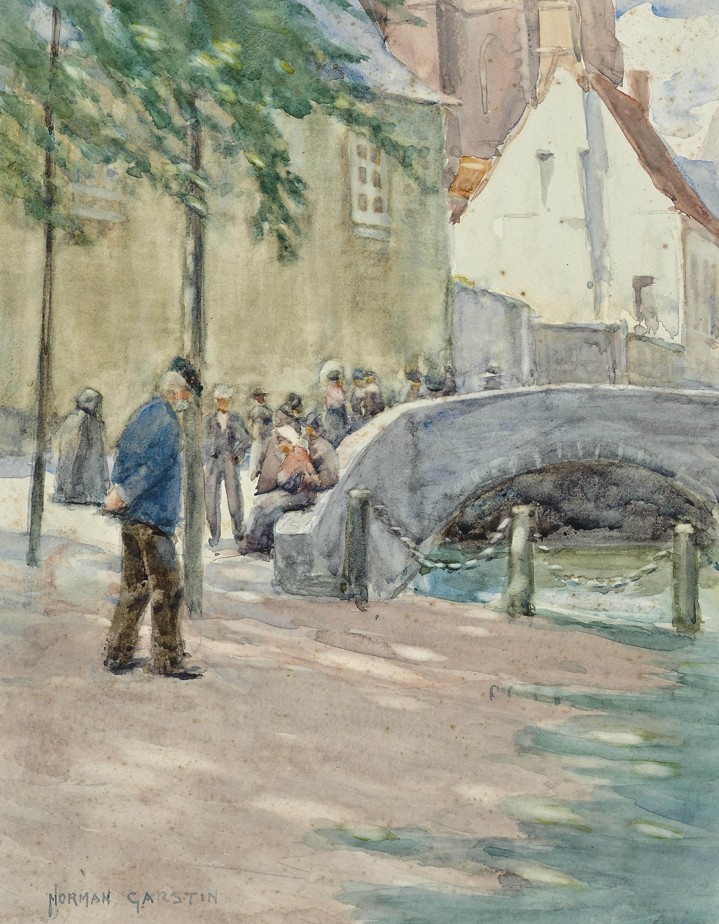Norman Garstin, R.B.C. - Figures by a bridge, Brittany