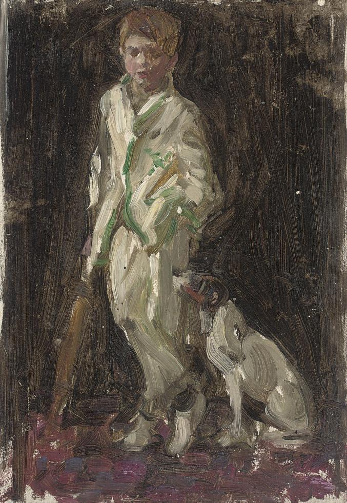 Norman Garstin, R.B.C. - Study of young boy, traditionally identified as the artist\'s son, in cricket whites, a bat in his right hand, and a dog by his side
