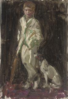 Norman Garstin, R.B.C. - Study of young boy, traditionally identified as the artist\'s son, in cricket whites, a bat in his right hand, and a dog by his side