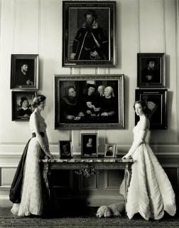 Norman Parkinson - Lady Melissa and Lady Caroline Wyndham-Quin posing in Sybil Connolly dresses, the Little Dining Room, Petworth House