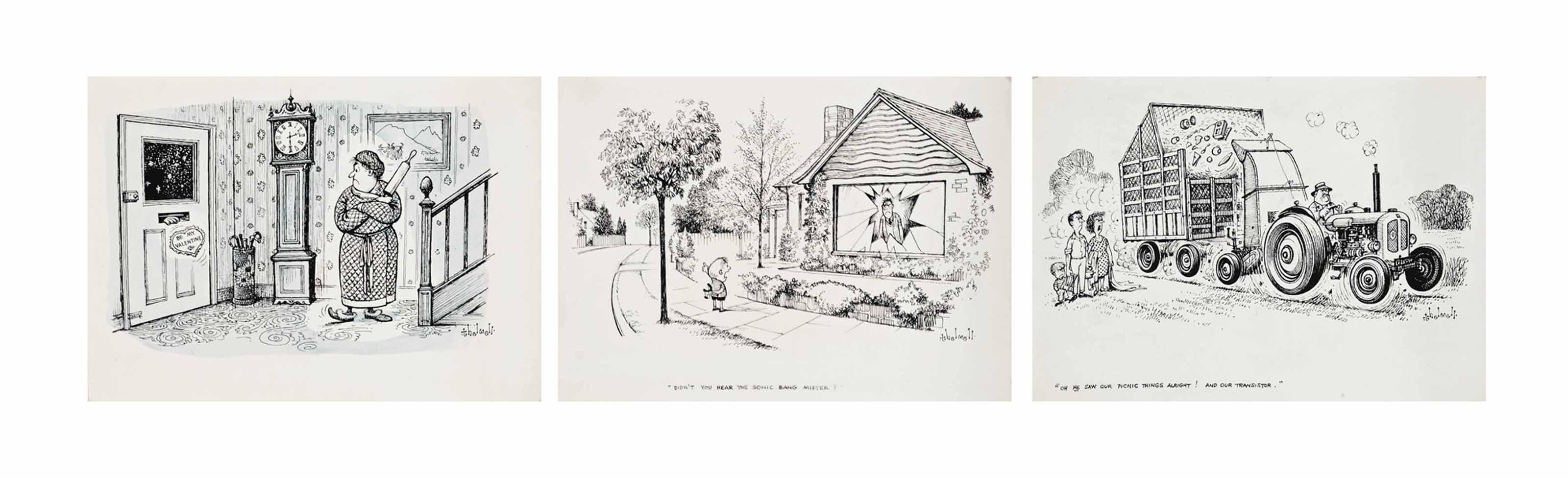 Norman Thelwell - I wish they would get on with nationalising land; Who put my stamp collection on the convection heater?; and They\'re only germs, but he grew them himself