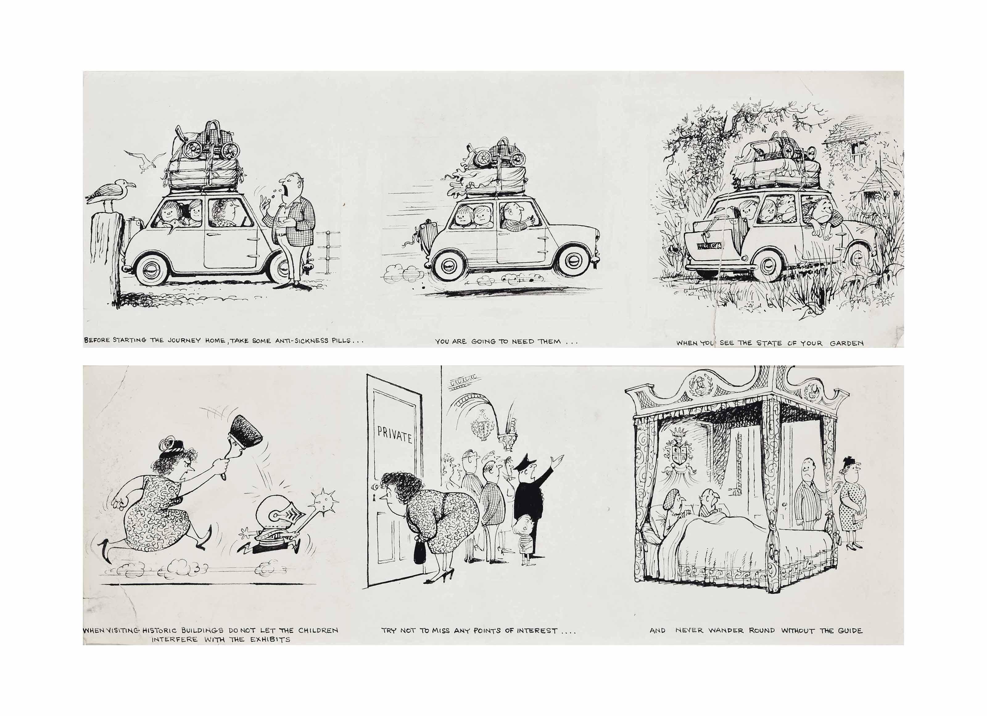 Norman Thelwell - When visiting historic buildings; and Before starting the journey