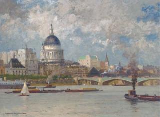 Norman Wilkinson, P.R.W.S., R.I. - Barges and tugs on the Thames before St. Paul\'s Cathedral