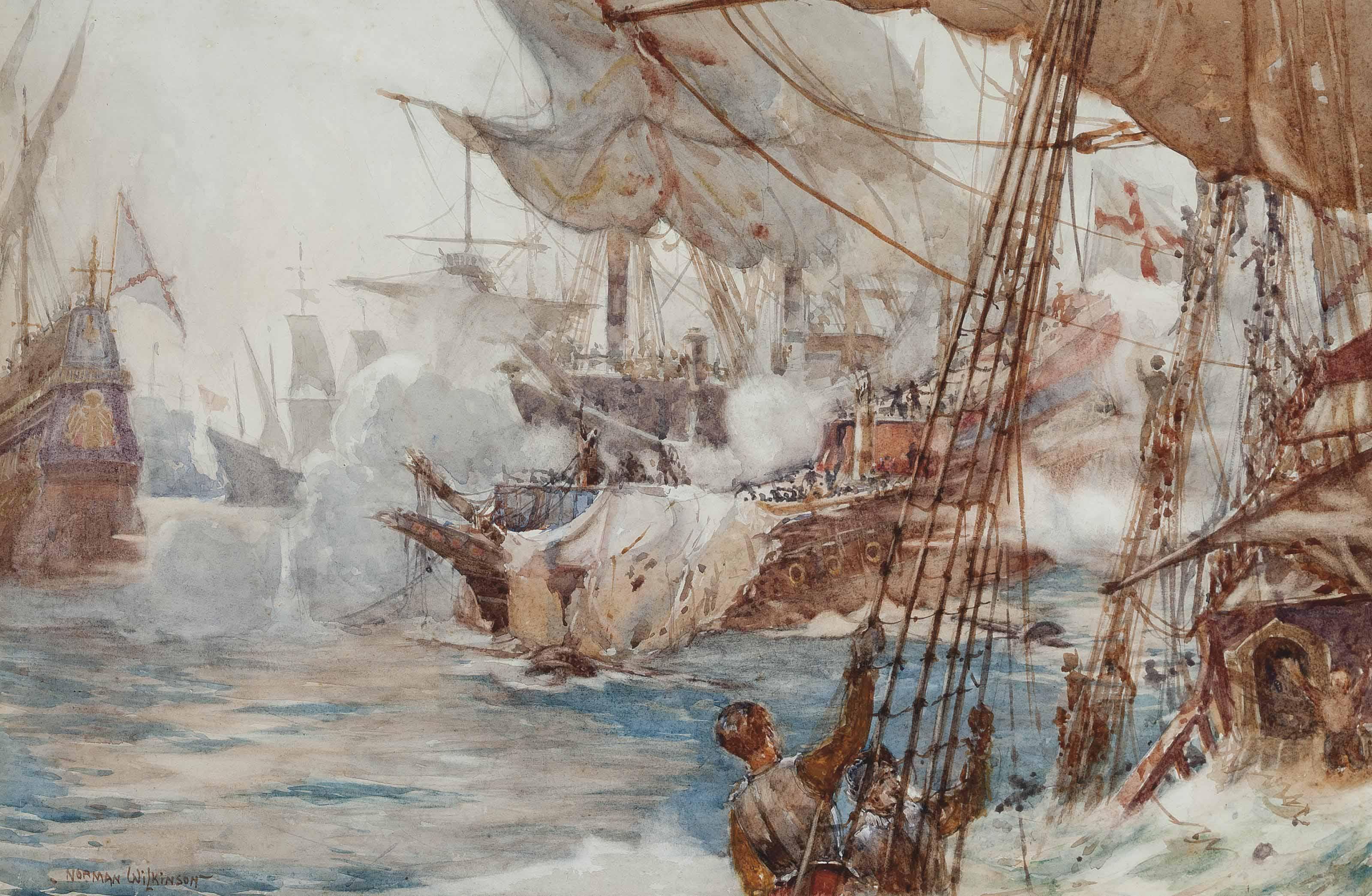 Norman Wilkinson, P.R.W.S., R.I. - The Battle of Flores, 1591: Sir Richard Grenville and the last fight of H.M.S. Revenge