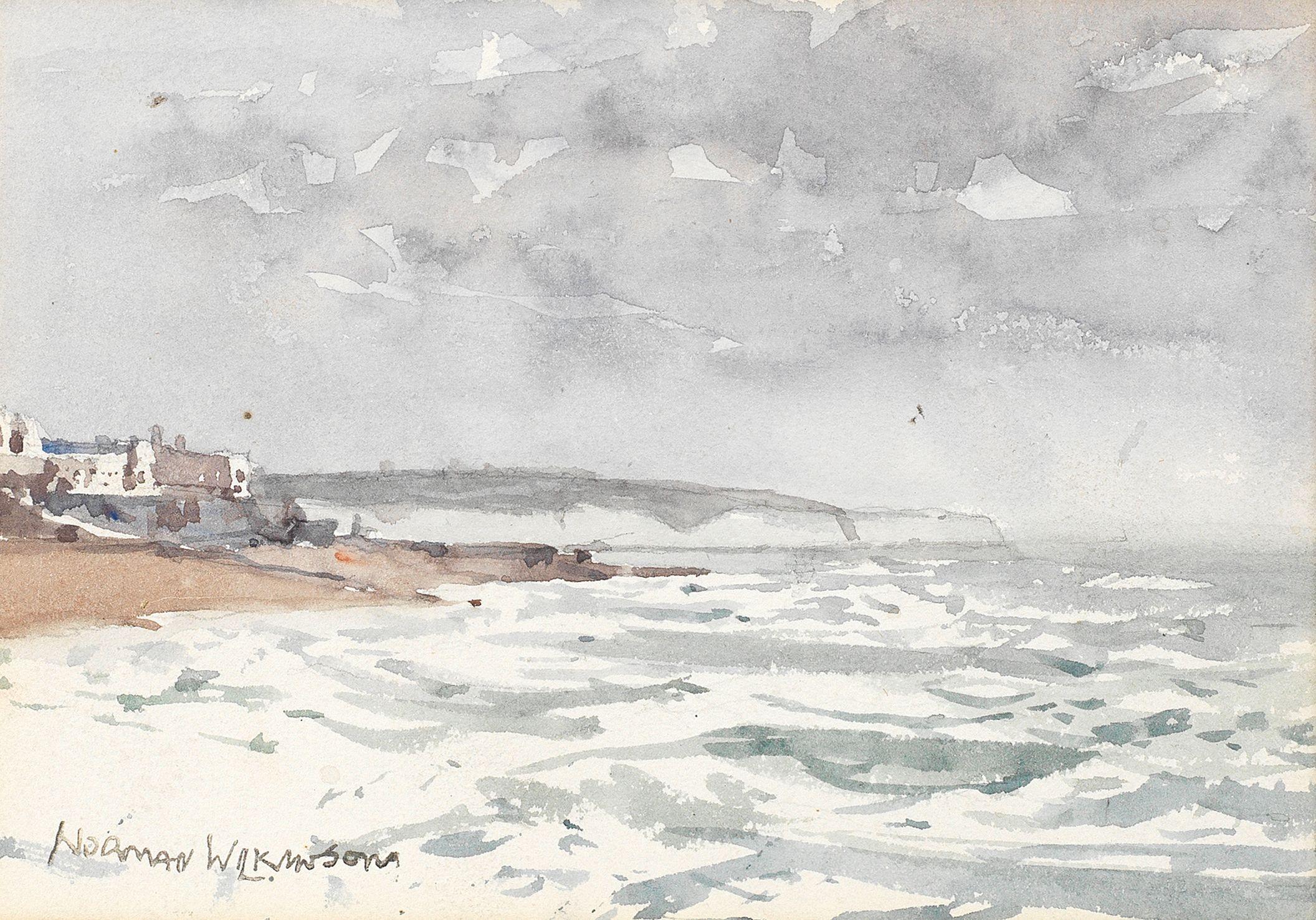 Norman Wilkinson - A coastal scene; Boats beside a jetty 12.1 x 17.2cm (4 3/4 x 6 3/4in) and 13 x 18.1cm (5 1/8 x 7 1/8in). (2)