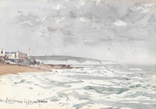 Norman Wilkinson - A coastal scene; Boats beside a jetty 12.1 x 17.2cm (4 3/4 x 6 3/4in) and 13 x 18.1cm (5 1/8 x 7 1/8in). (2)