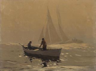 Norman Wilkinson - Fishermen in a moored boat with shipping beyond unframed