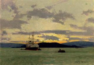 Norman Wilkinson - Passing a lighthouse at dusk