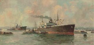 Norman Wilkinson - Steamboats and tugs on an estuary