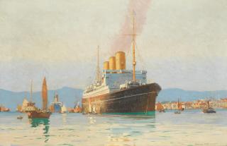 Norman Wilkinson - The Canadian Pacific liner Empress of Canada lying in Hong Kong harbour
