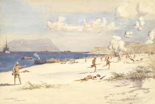 Norman Wilkinson - Troops landing on \'C\' beach, Suvla Bay, 7th August 1915