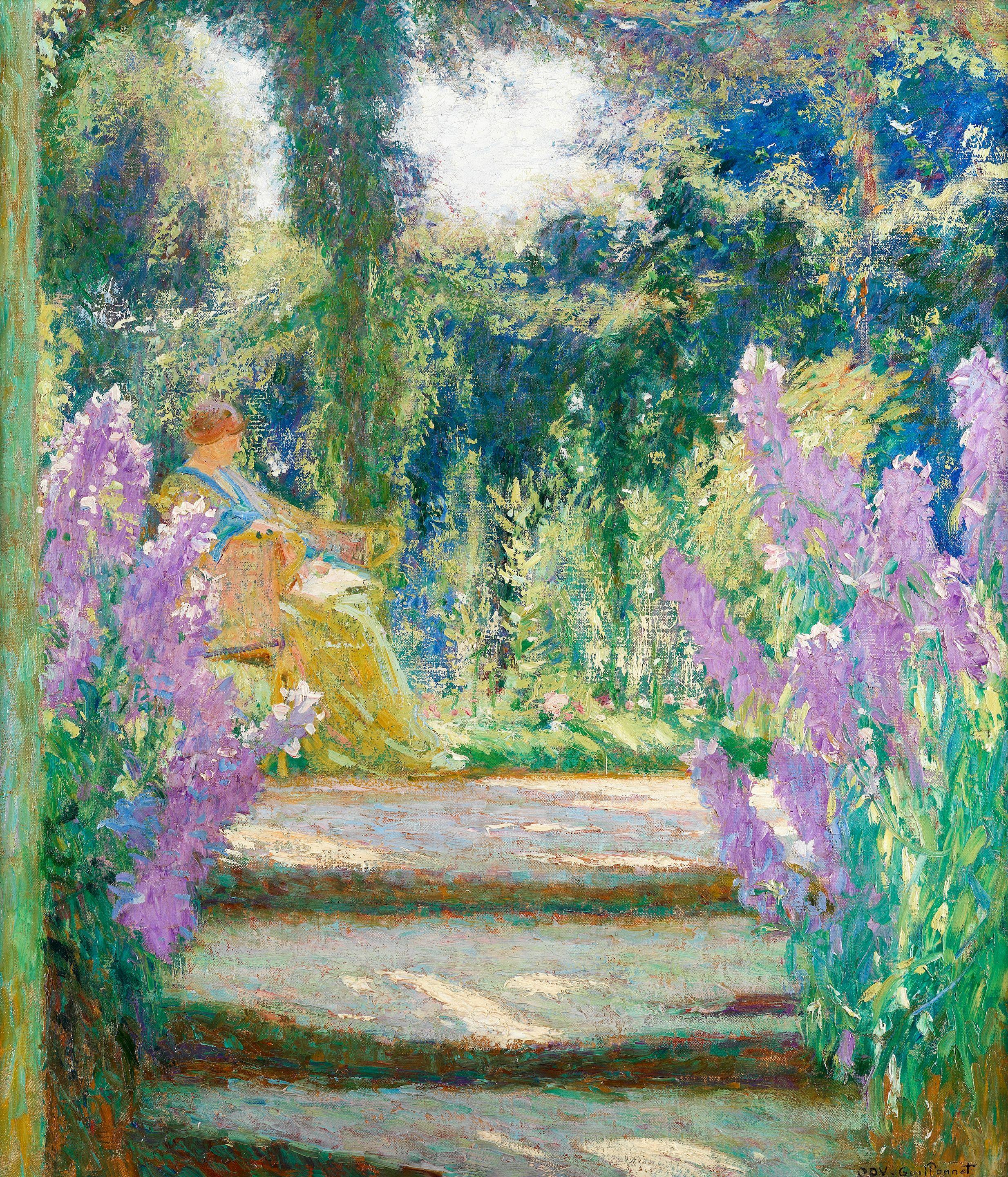 Octave Denis Victor Guillonnet - Lady seated in a sunlit garden