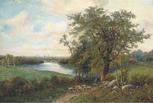 Octavius T. Clark - A shepherd with his flock on a riverside track