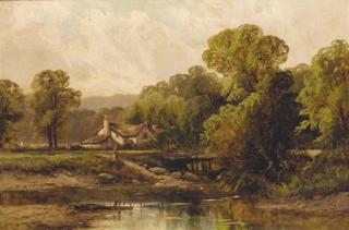 Octavius T. Clark - Figures before a cottage in a wooded river landscape