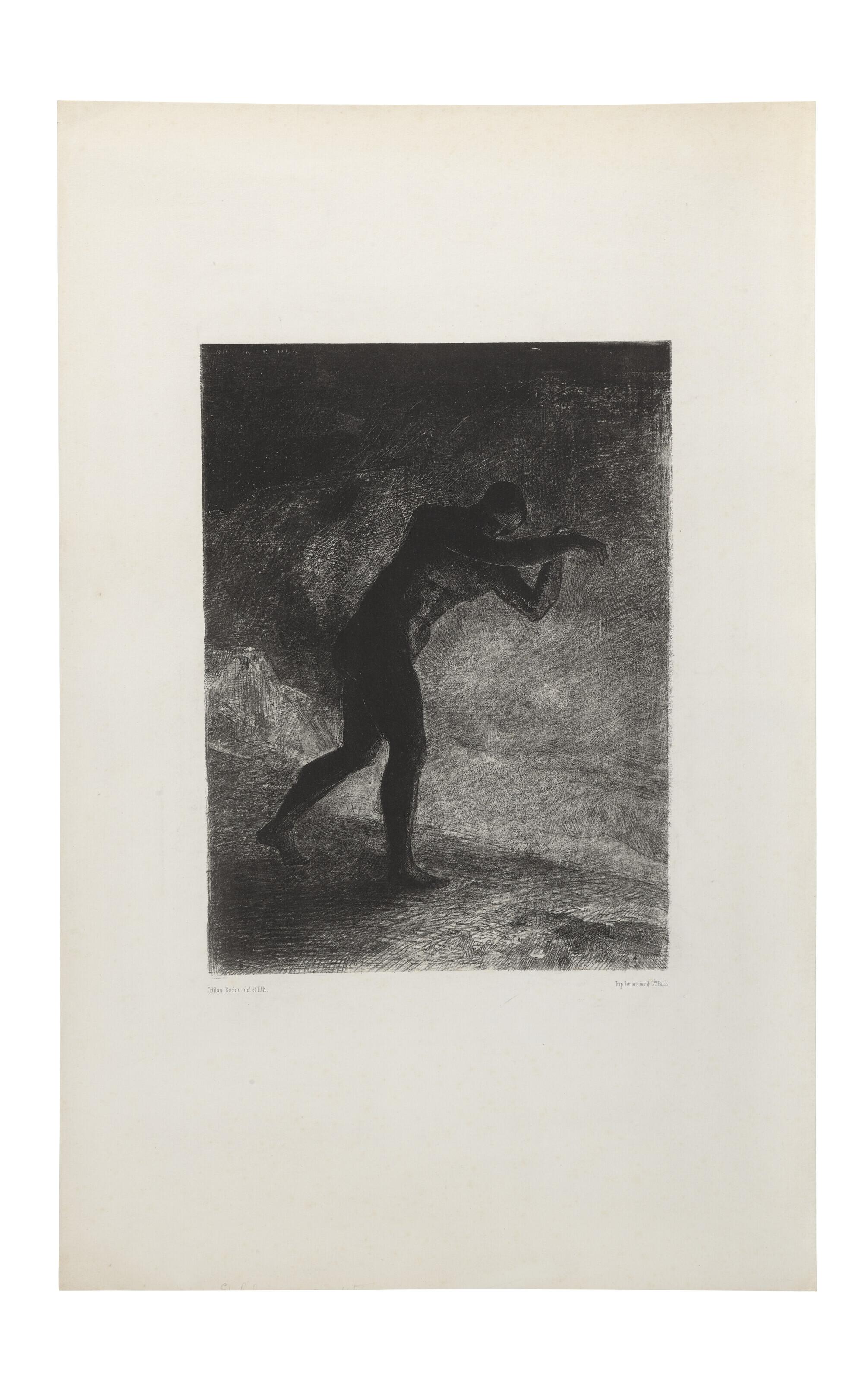Odilon Redon - Et l\'homme parut, interrogeant le sol d\'où il sort et qui l\'attire, il se fraya la voie vers de sombres clartés, planche issue de l\'album Les Origines