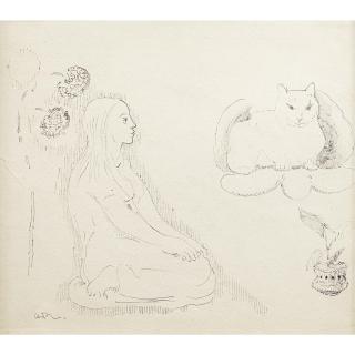 Odilon Redon - French Jeune Fille Avec Chat Et Fleurs