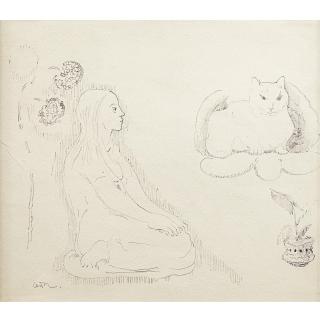 Odilon Redon - Jeune Fille Avec Chat Et Fleurs