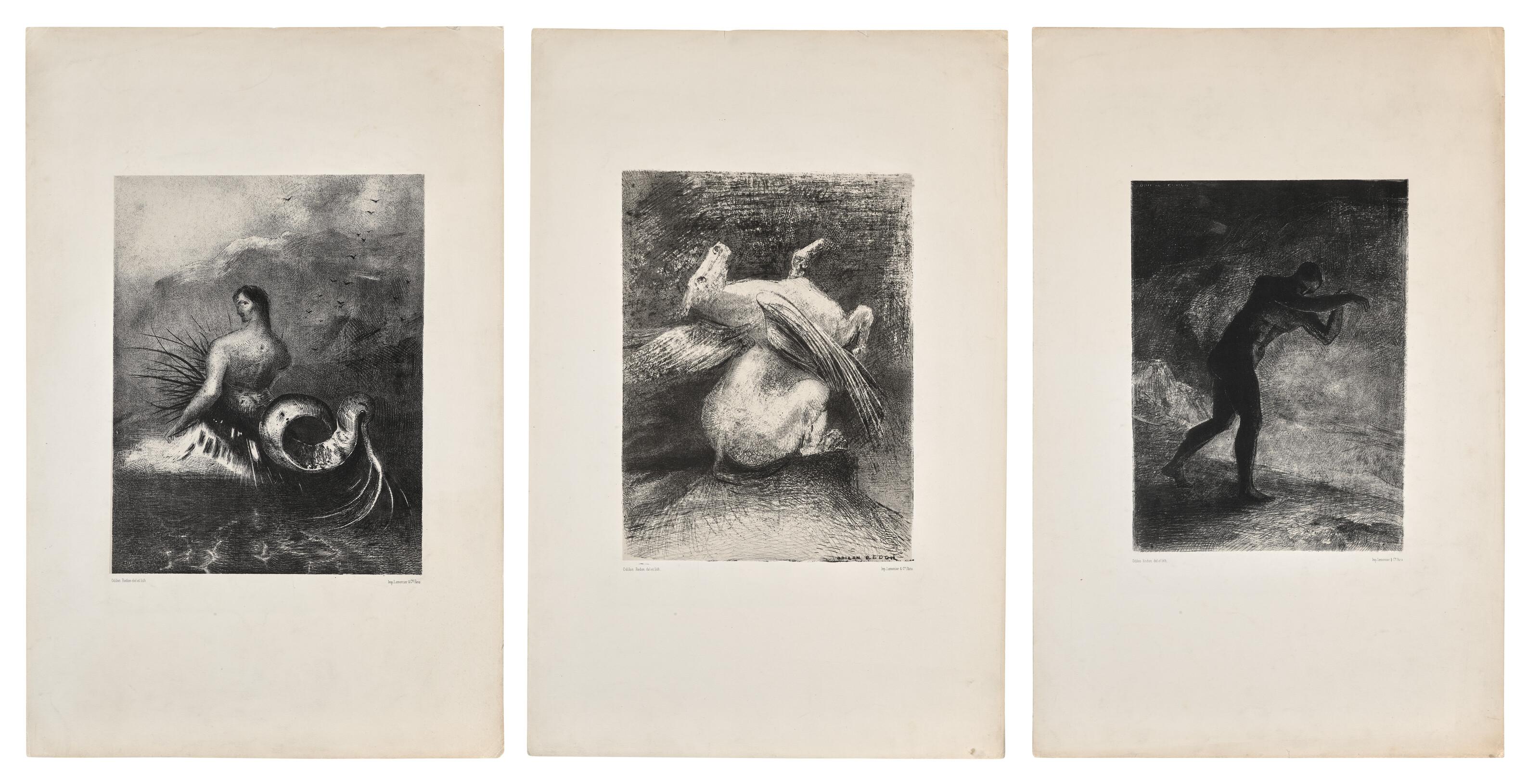 Odilon Redon - La sirène sortie des flots, vêtue de dards (i); L\'aile impuissante n\'éleva point la bête en ces noirs espaces (ii); Et l\'homme parut, interrogeant le sol d\'où il sort et qui l\'attire, il se fraya la voie vers des sombres clartés (iii); planches