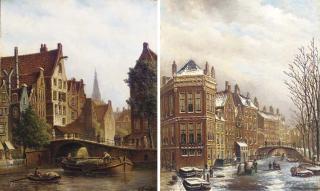 Oene Romkes De Jongh - A Dutch Canal Scene In Summer; And Figures On A Frozen Canal In A Dutch Town