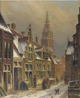 Oene Romkes De Jongh - A Dutch town on a sunny day in winter