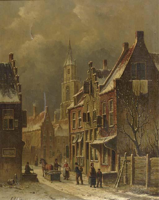 Oene Romkes De Jongh - A townview in winter with figures conversing