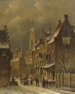 Oene Romkes De Jongh - A townview in winter with figures conversing