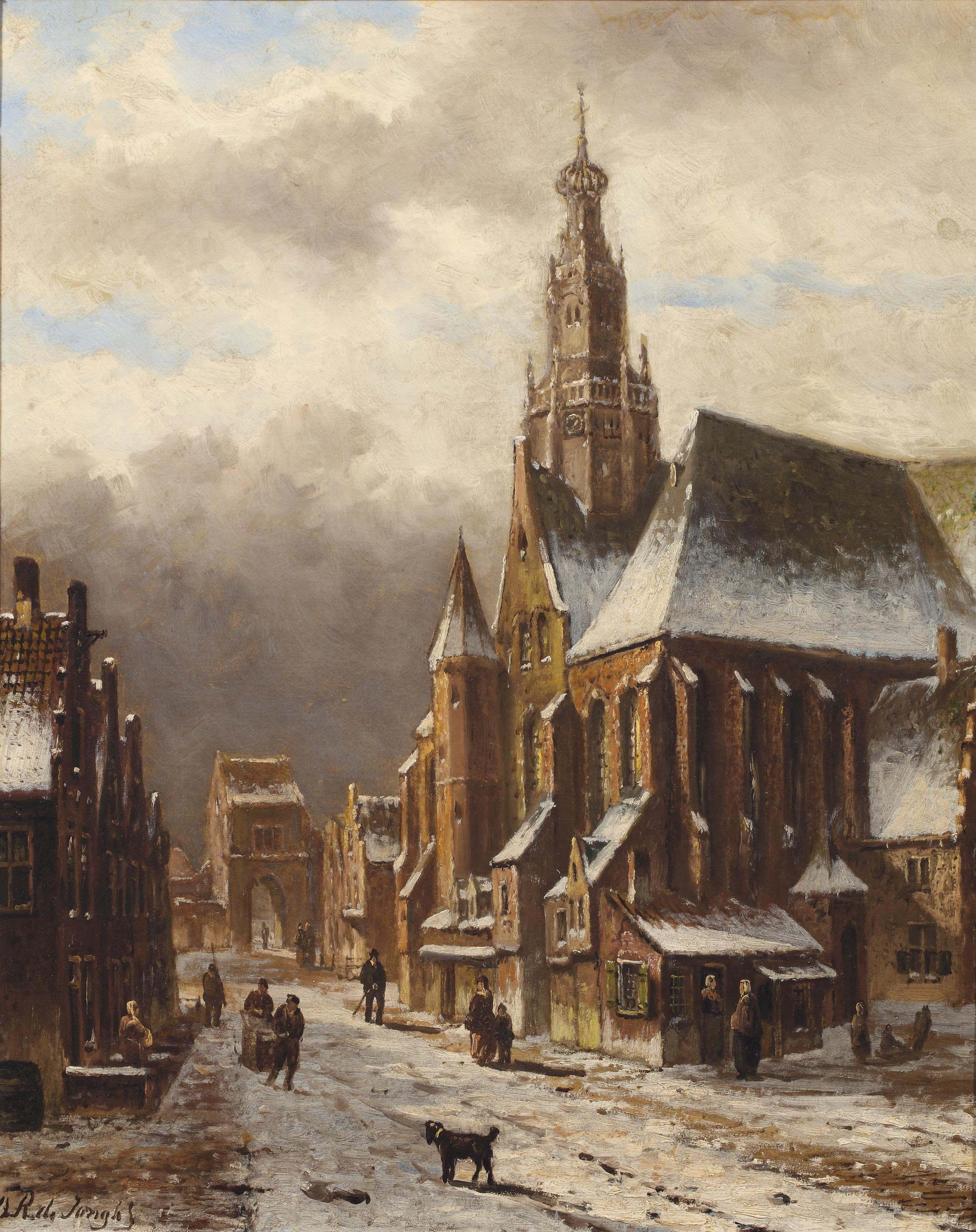 Oene Romkes de Jongh - A view of a Dutch town in winter