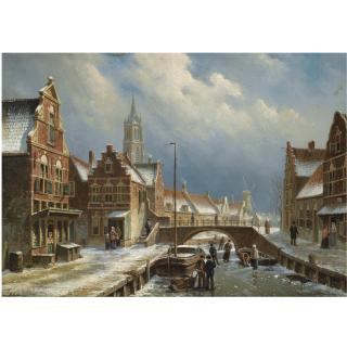 Oene Romkes de Jongh - Dutch Figures On A Frozen Canal In A Dutch Town