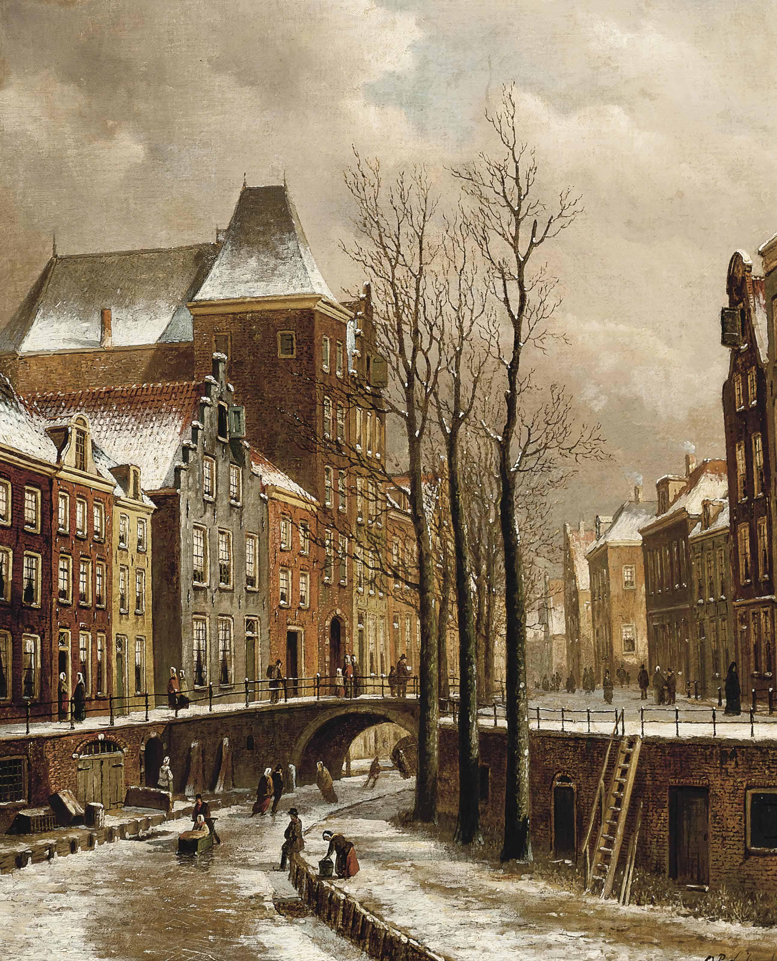 Oene Romkes de Jongh - Figures skating outside the Oudaen, on the Oudegracht in winter