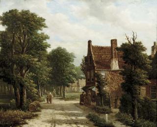 Oene Romkes De Jongh - Houses along a treelined path