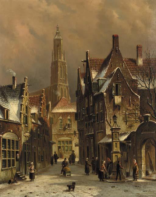 Oene Romkes De Jongh - Numerous townsfolk in a city in winter