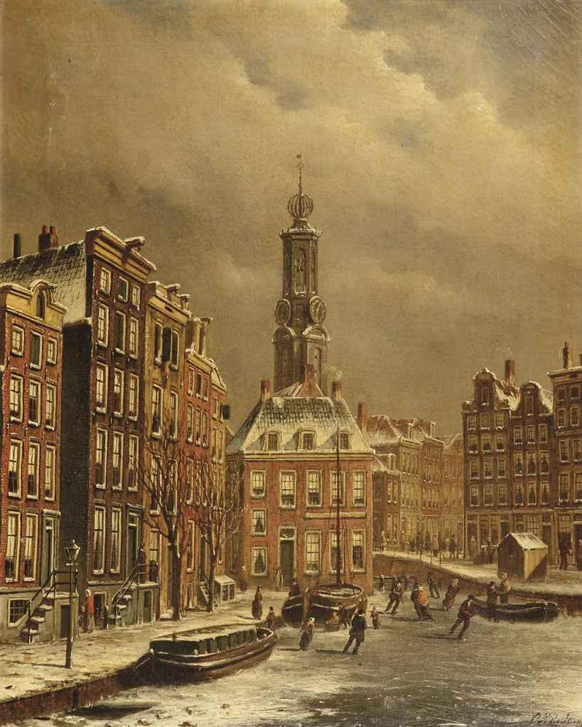 Oene Romkes de Jongh - Skaters on a frozen canal near the Munttoren, Amsterdam