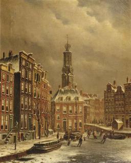 Oene Romkes de Jongh - Skaters on a frozen canal near the Munttoren, Amsterdam