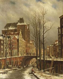 Oene Romkes de Jongh - The fortified city castle Oudaen on the Oude Gracht in winter, Utrecht