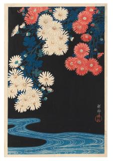 Ohara Koson - a Rinpa-inspired night scene depicting chrysanthemums in full bloom above a meandering stream