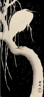 Ohara Koson - A white egret on a snowy tree, signed and sealed Shoson, published by Watanabe Shozaburo, good impression, colours and condition