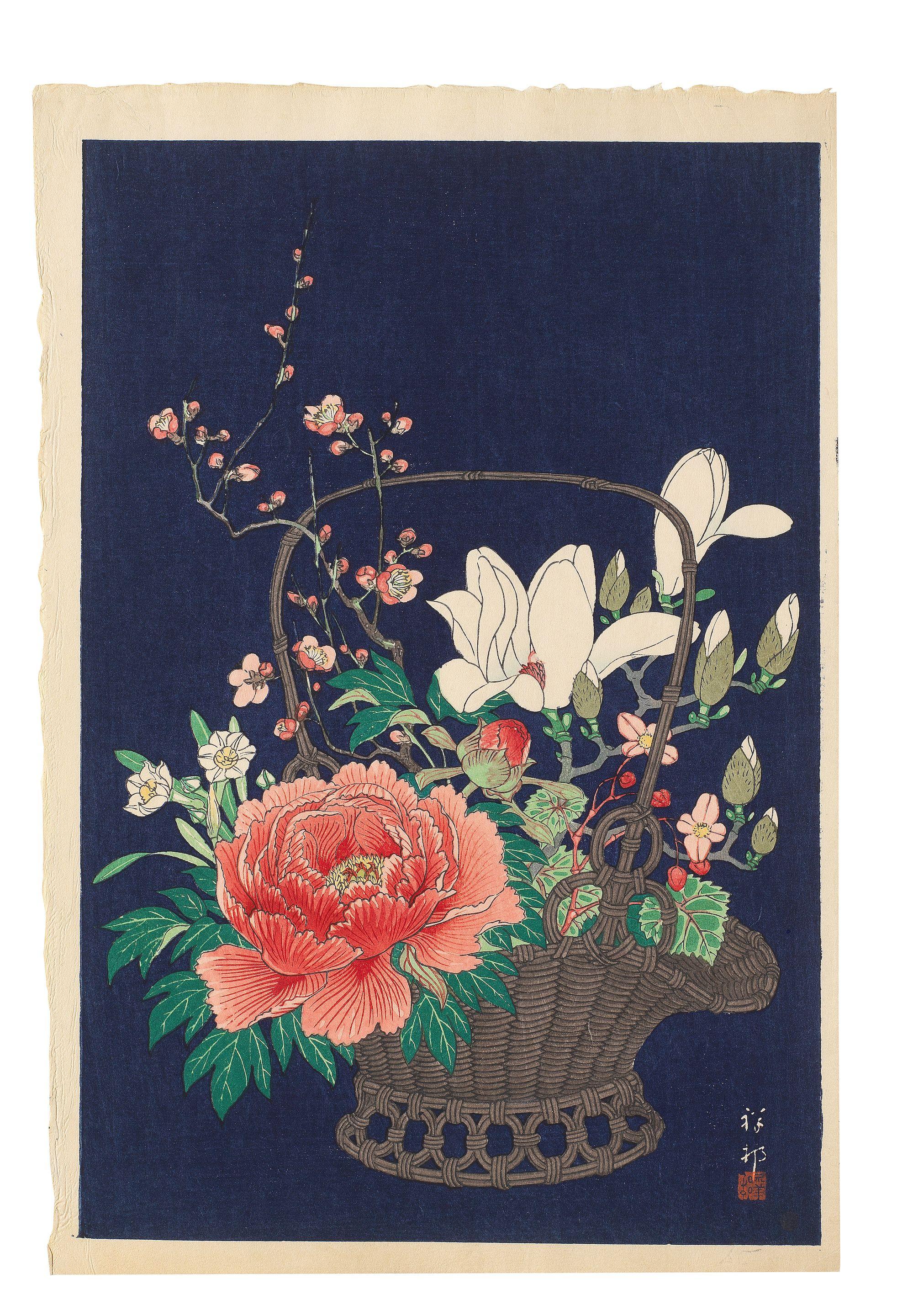 Ohara Koson - an ikebana basket brimming over with magnolia, peony, plum and daffodils on a dark navy blue background