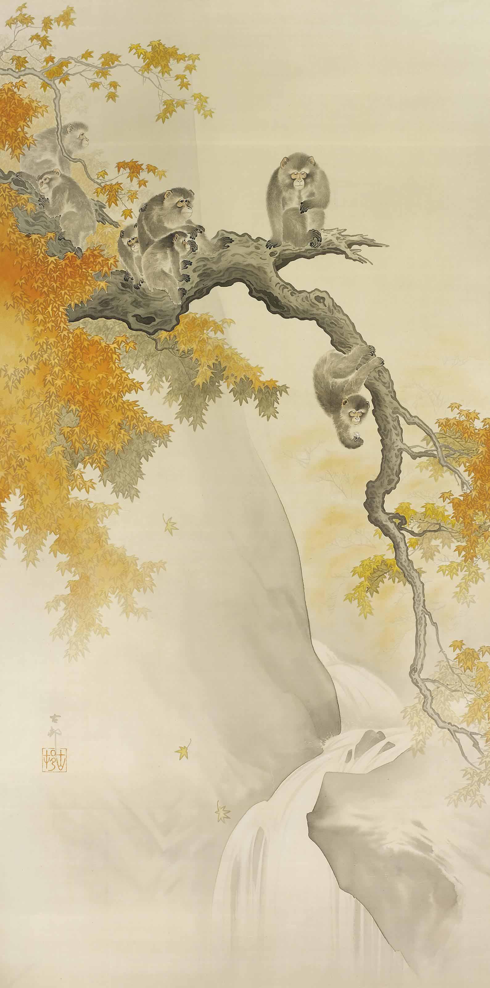 Ohara Koson - Hanging scroll, ink and colour on silk, of monkeys in a maple tree over a waterfall, signed Koson and sealed Koson