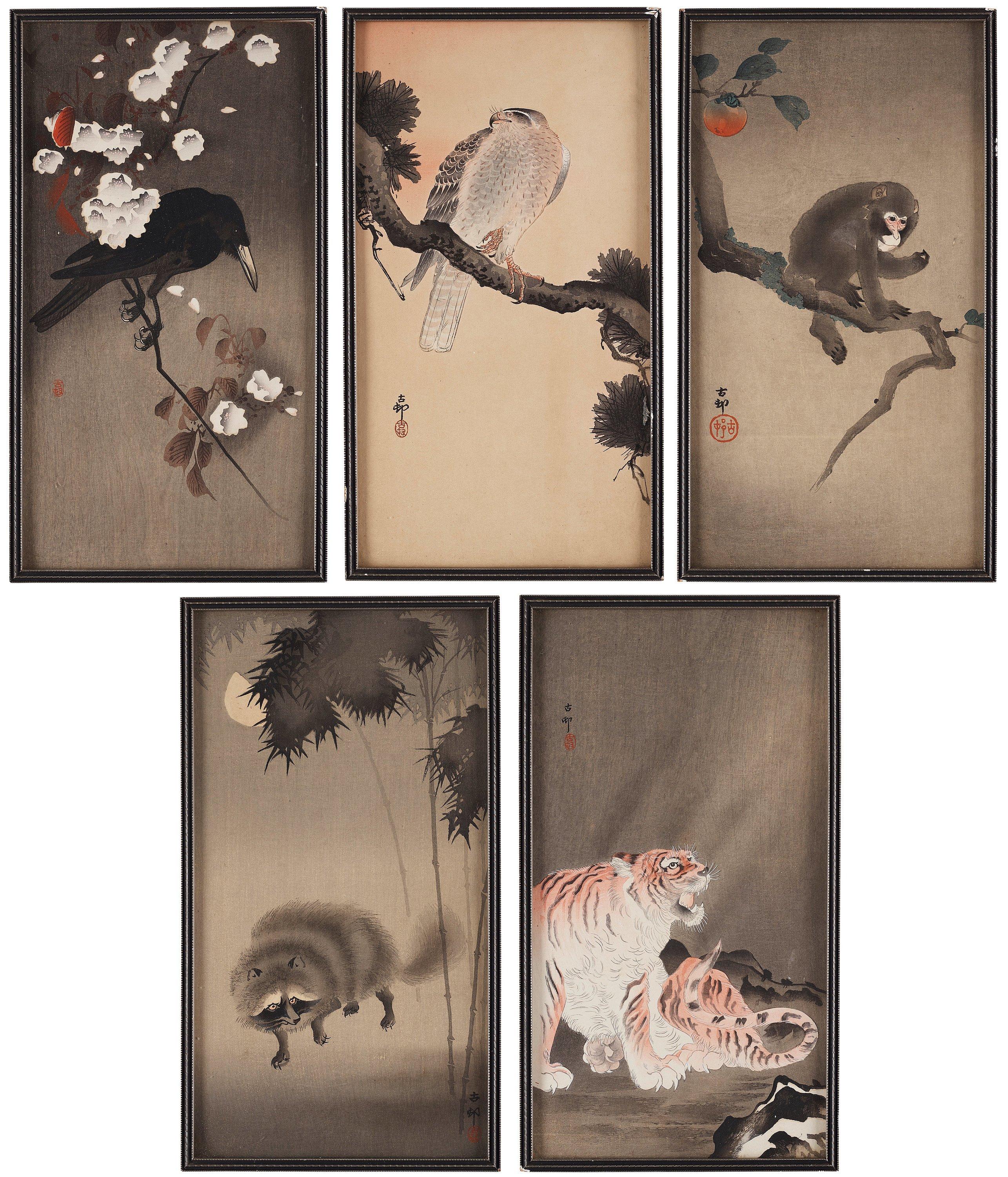 Ohara Koson - Monkey, crow, hawk, racoon and tiger
