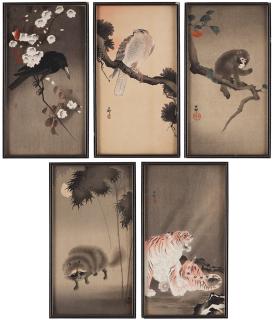 Ohara Koson - Monkey, crow, hawk, racoon and tiger