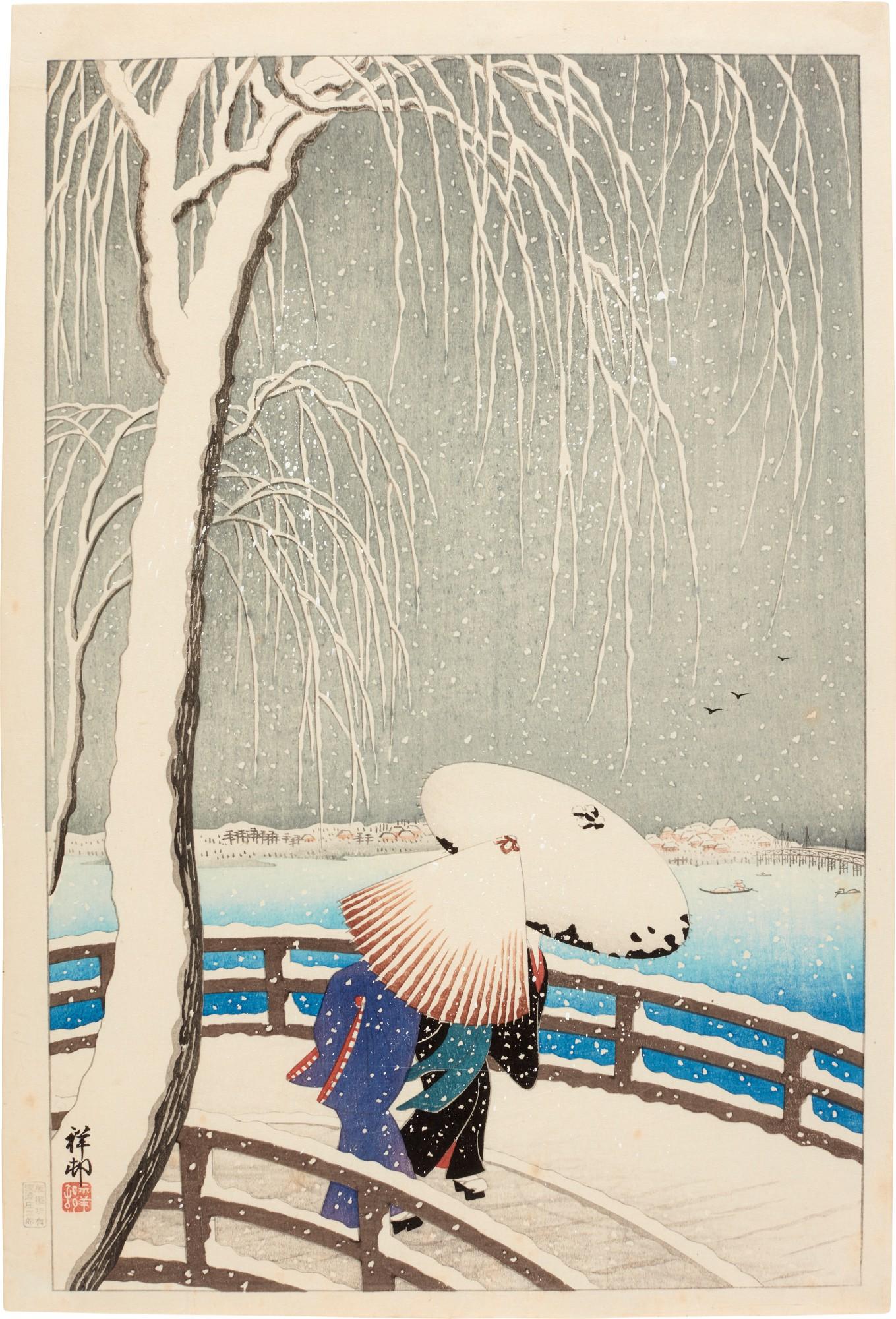 Ohara Koson - Snow on Willow Bridge