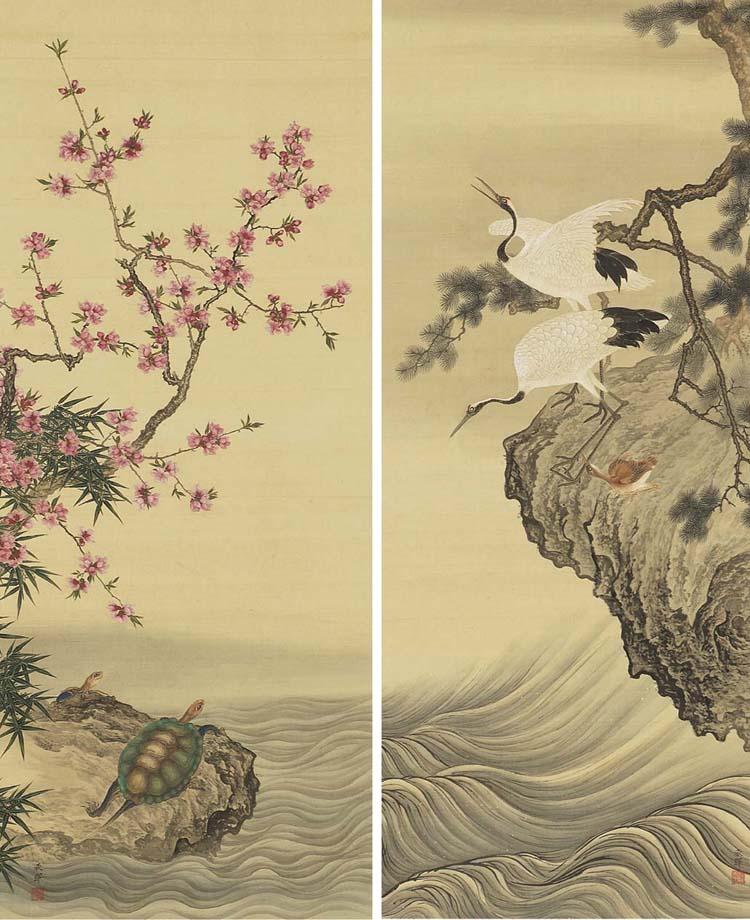 Okamoto Shuki - Cranes and pine; turtles beneath a flowering tree