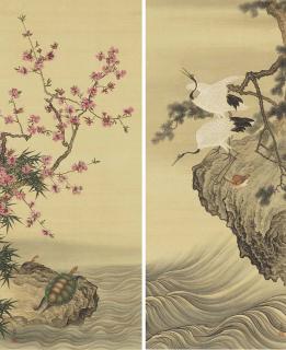 Okamoto Shuki - Cranes and pine; turtles beneath a flowering tree