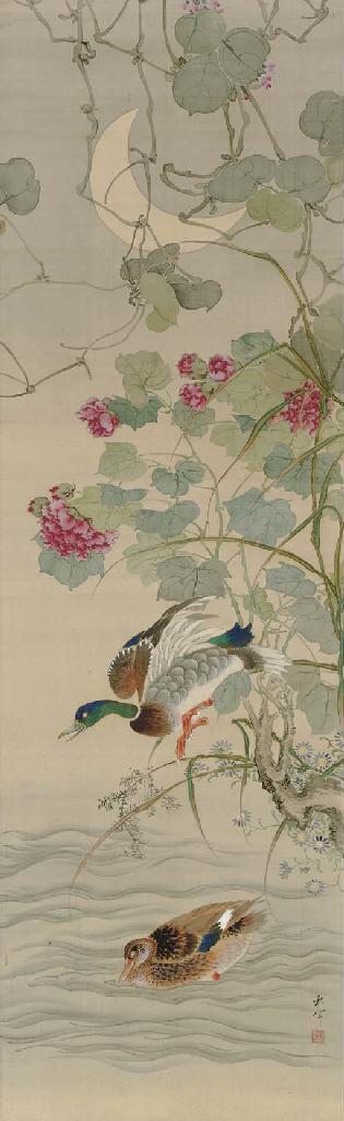 Okamoto Shuki - Ducks and roses under a crescent moon
