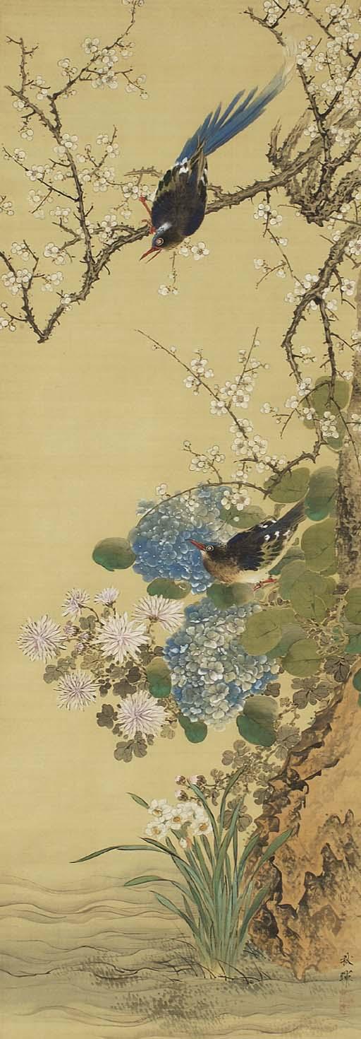 Okamoto Shuki - Kingfishers with plum and hydrangea