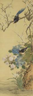 Okamoto Shuki - Kingfishers with plum and hydrangea