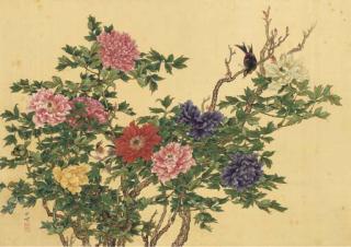 Okamoto Shuki - Peonies and small birds