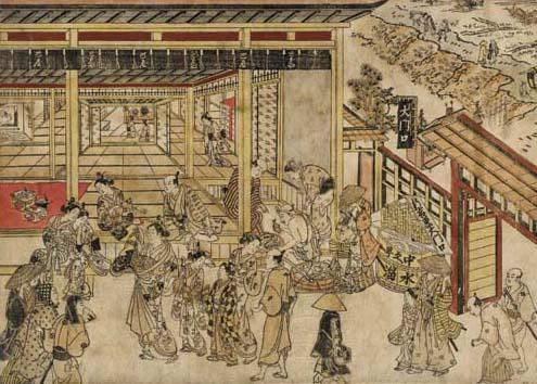 Okumura Masanobu - Shin Yoshiwara daimonguchi Nakanocho uki-e kongen (True perspective view of Nakanocho inside the great gate of the Shin-Yoshiwara)